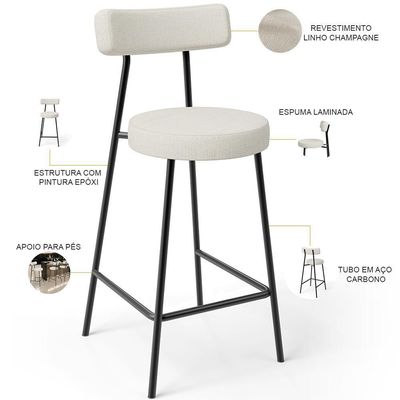 Kit 05 Banquetas Baixa Para Cozinha Sala De Jantar Bancada Milão L02 Linho Champagne