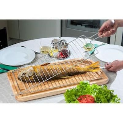Conjunto de Grelha para Peixe e Espetos Simples Utimil em Aço Cromado, Aço Inox e Madeira – 3 Peças
