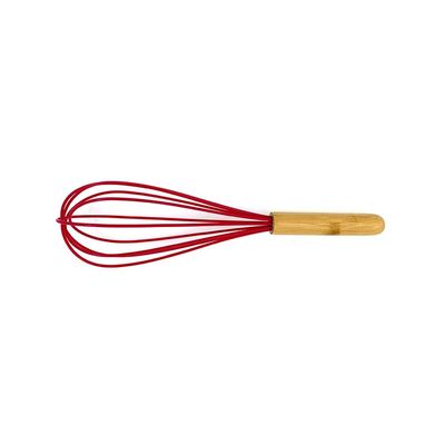 Batedor Manual de Massas ou Ovos Le Bamboo em Silicone Vermelho com Cabo de Madeira
