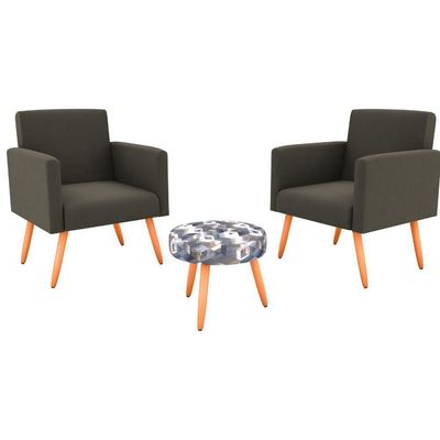 Conjunto Com 2 Poltronas E 1 Puff Dallas Matrix Estampado/marrom Claro