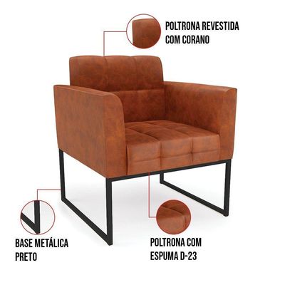Kit 2 Poltronas Elisa Corano Nozes Base Metálica Industrial Preto - D'rossi