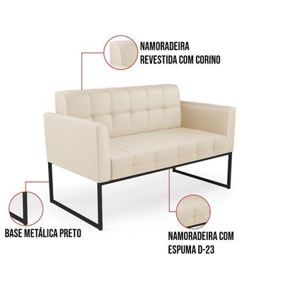 Kit 1 Sofá Namoradeira E 1 Poltrona Elisa Corino Base Metálica Industrial Preto - D'rossi Cor Bege