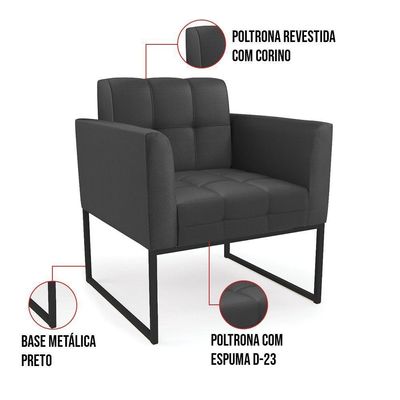 Kit 1 Sofá Namoradeira E 1 Poltrona Elisa Corino Preto Base Metálica Industrial Preto - D'rossi
