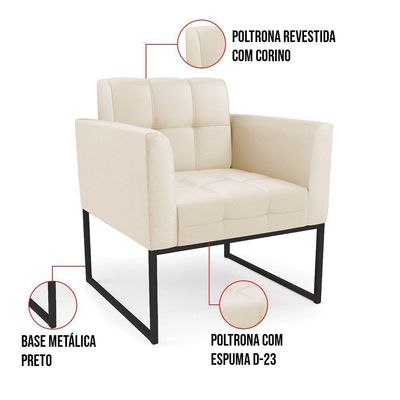 Kit 1 Sofá Namoradeira E 1 Poltrona Elisa Corino Base Metálica Industrial Preto - D'rossi Cor Bege