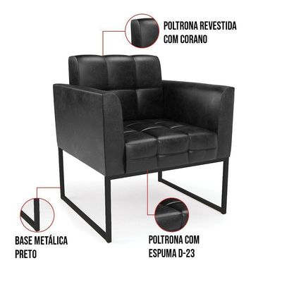 Kit 1 Sofá Namoradeira E 2 Poltronas Elisa Corano Base Metálica Industrial Preto - D'rossi Cor Preto