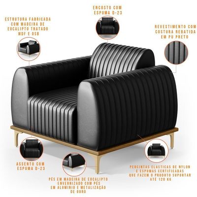 Kit Sofá 3 Lugares 210Cm Com 2 Poltronas Molino Preto B-159
