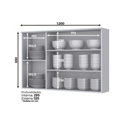Armário Aéreo p/ Cozinha Americana c/ 3 Portas (2 c/ Vidro) 120cm Cinza - Henn