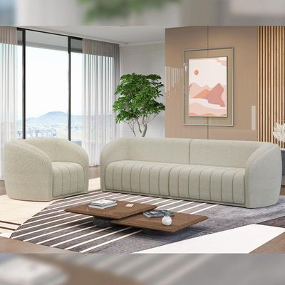 Kit Sofá 04 Lugares Para Sala 252 Cm Com 02 Poltronas Lazio M03 Bouclê Bege Claro - Lyam Decor