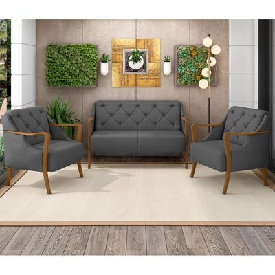 Kit Sofá 02 Lugares 135Cm Com 02 Poltronas Coral M03 Chumbo