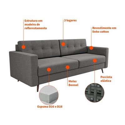 Sofá 3 Lugares Living Pé Palito Linho Cotton Cinza 180 cm