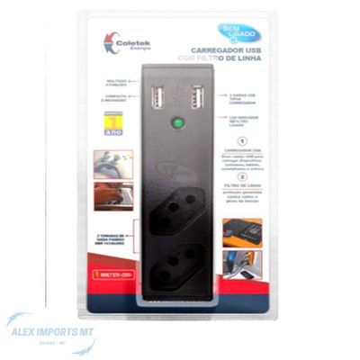 Filtro De Linha Coletek Com 2 Tomadas 10A 2 Saídas Usb