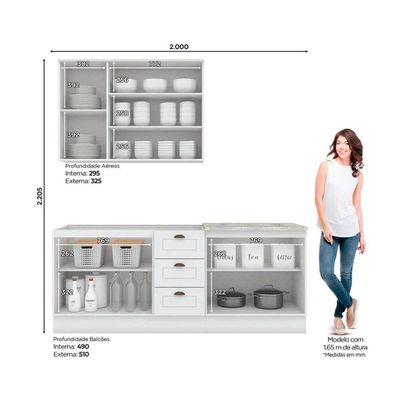 Cozinha Completa Americana (1 Aéreo, 2 Balcões, 1 Complemento) 4 Peças Branco - Henn