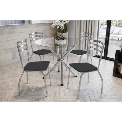 Kit Mesa Volga C- Tampo Vidro 95cm + 4 Cadeiras Portugal Cromado Courano Preto