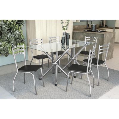 Kit Mesa Volga C- Tampo Vidro 150cm + 6 Cadeiras Portugal Cromado Courano Preto