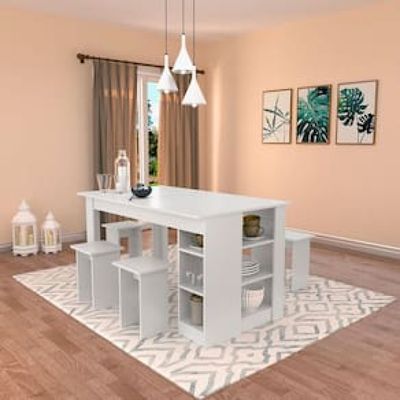 Mesa Nova Móbile Multi com 4 Bancos, Nicho e Prateleira Branco