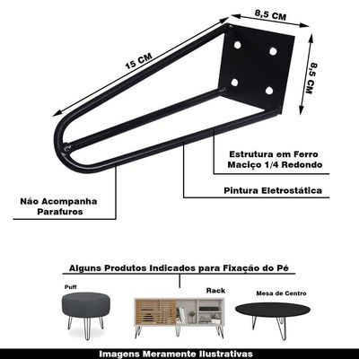 Pé De Metal 15 Cm Hairpin Legs Mesas De Centro Puffs Preto