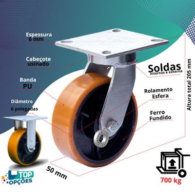 Rodizio Industrial Carga Pesada 6X2 Pol. Fixo Ferro c/700 Kg