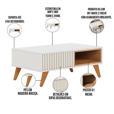 Kit Aparador Com Mesa De Centro 1 Gaveta Freijó Off White