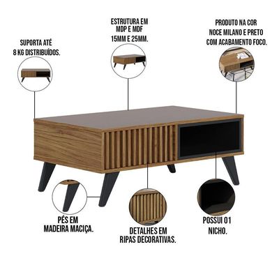 Kit Aparador Com Mesa De Centro 1 Gaveta Preto Noce Milano