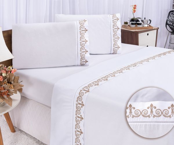 Jogo lençol Atenas quarto casal Queen bordado 4 peças 2fronha Branco com caqui