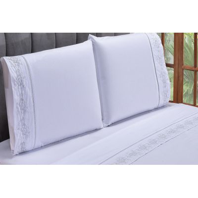 Jogo lençol Floral quarto casal Queen bordado 4 peças 2fronha  Branco com Cinza