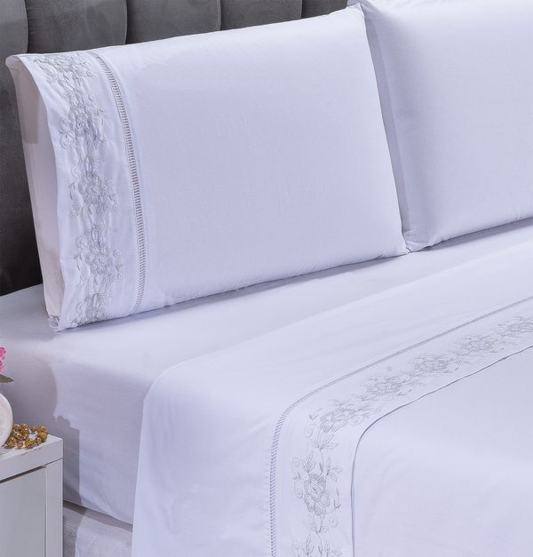 Jogo lençol Floral quarto casal Queen bordado 4 peças 2fronha Branco com Cinza