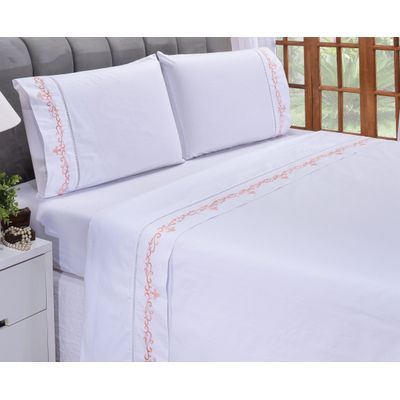 Jogo lençol Imperial quarto casal Queen bordado 4 peças 2fronha  Branco com Salmão