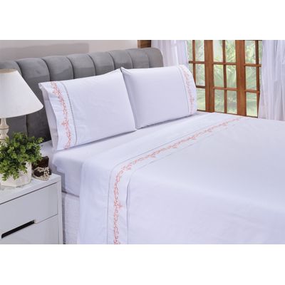 Jogo lençol Imperial quarto casal Queen bordado 4 peças 2fronha  Branco com Salmão