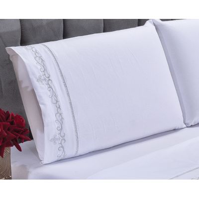 Jogo lençol Imperial quarto casal Queen bordado 4 peças 2fronha  Branco com Salmão