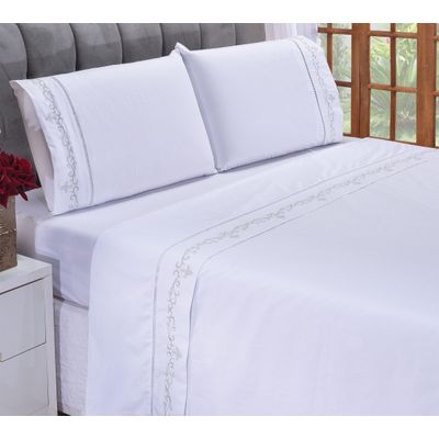 Jogo lençol Imperial quarto casal Queen bordado 4 peças 2fronha  Branco com Salmão