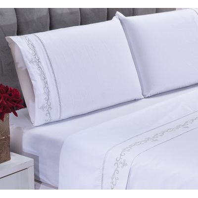 Jogo lençol Imperial quarto casal Queen bordado 4 peças 2fronha  Branco com Salmão