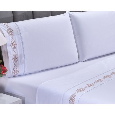 Jogo lençol Diamante quarto casal Queen bordado 4 peças 2fronha  Branco com caqui