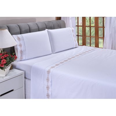 Jogo lençol Diamante quarto casal Queen bordado 4 peças 2fronha  Branco com caqui