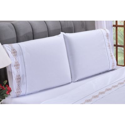 Jogo lençol Diamante quarto casal Queen bordado 4 peças 2fronha  Branco com caqui