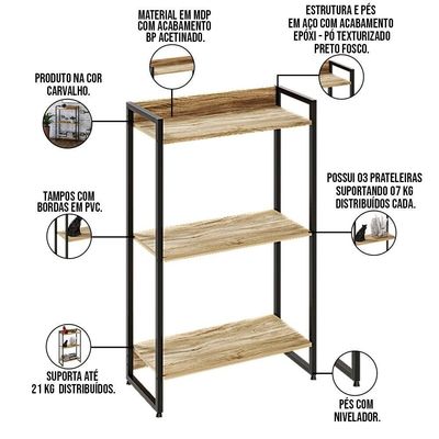 Kit Escritório Estante 3 Prateleiras Mesa 150Cm Carvalho