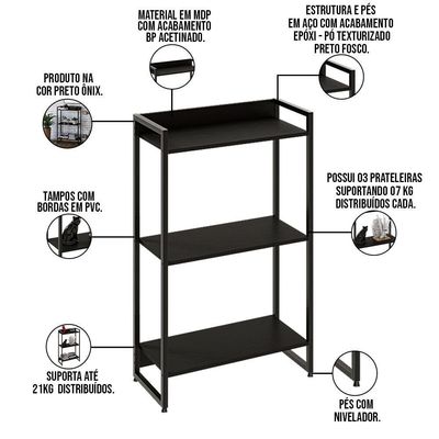 Kit Para Escritório Estante 3 Prateleiras Mesa 90Cm Onix