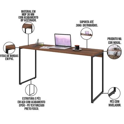 Kit Escritório Estante 5 Prateleiras Com Mesa 150Cm Nogal