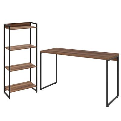 Kit Escritório Estante 4 Prateleiras Com Mesa 135Cm Nogal