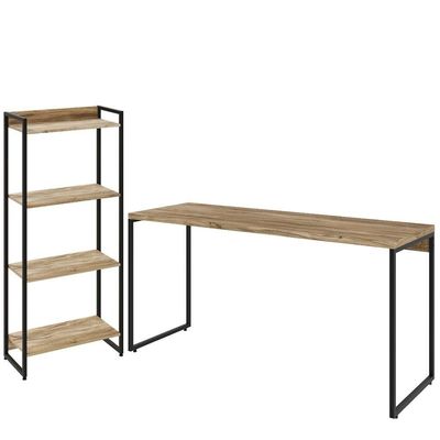 Kit Escritório Estante 4 Prateleiras Mesa 150Cm Carvalho