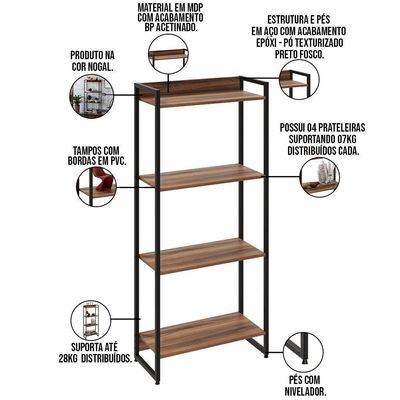 Kit Escritório Estante 4 Prateleiras Com Mesa 150Cm Nogal