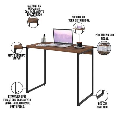 Kit Para Escritório Estante 5 Prateleiras Mesa 90Cm Nogal