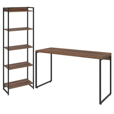 Kit Escritório Estante 5 Prateleiras Com Mesa 135Cm Nogal
