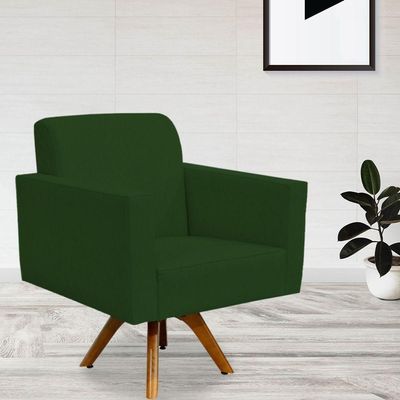Poltrona Giratória Base De Madeira Suede Verde Musgo