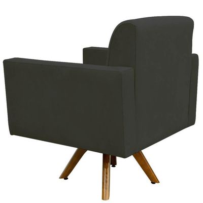 Poltrona Giratória Base De Madeira Suede Cinza