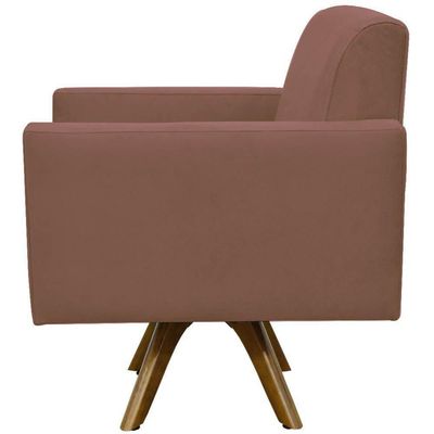 Poltrona Giratória Base De Madeira Suede Rosê