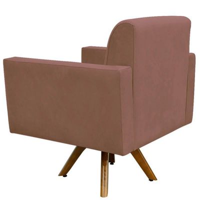Poltrona Giratória Base De Madeira Suede Rosê