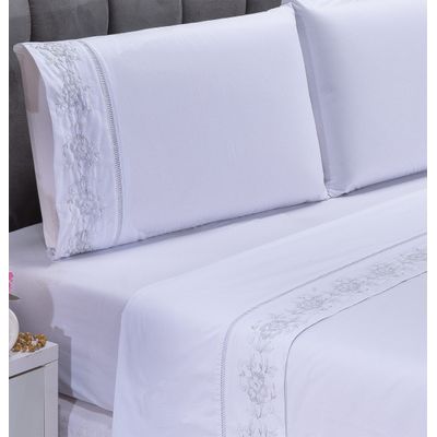 Jogo lençol Floral quarto casal Queen bordado 4 peças 2fronha Branco com Salmão