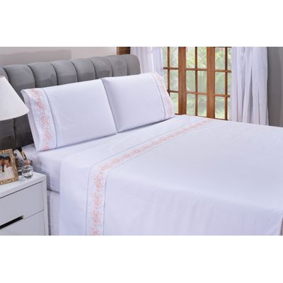 Jogo lençol Floral quarto casal Queen bordado 4 peças 2fronha Branco com Salmão