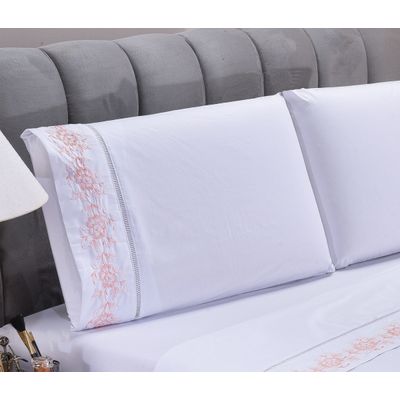 Jogo lençol Floral quarto casal Queen bordado 4 peças 2fronha Branco com Salmão