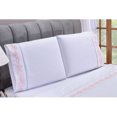 Jogo lençol Floral quarto casal Queen bordado 4 peças 2fronha Branco com Salmão